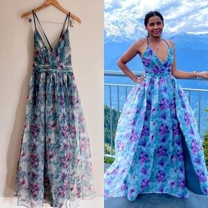 NWOT Romance that Wows Dark Teal Floral Print Organza Maxi Dress